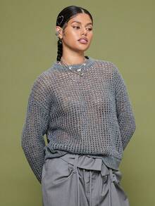 COUREZ 长袖双层开襟针织套头衫，Y2K秋冬休闲外出上衣，灰色冬季毛衣新年款 - 灰色 - 查看 5