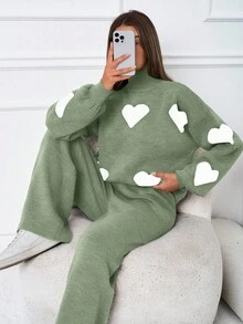 SHEIN Tall 2pcs/Set Casual Heart Pattern High Neck Sweater - Green - View 5