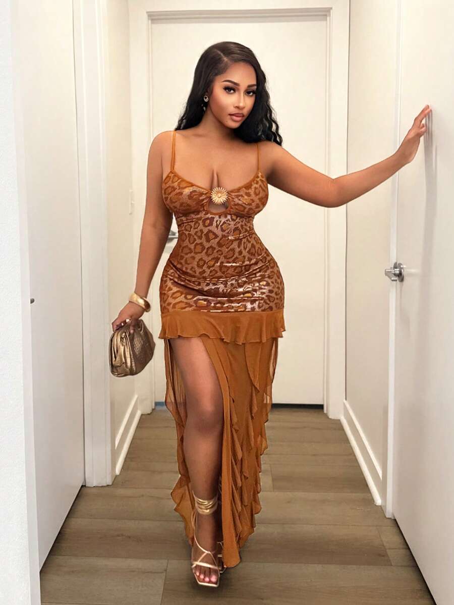 SHEIN BamGlam Women's Patchwork Leopard Print Bandeau Dress - Multicolor - View 1