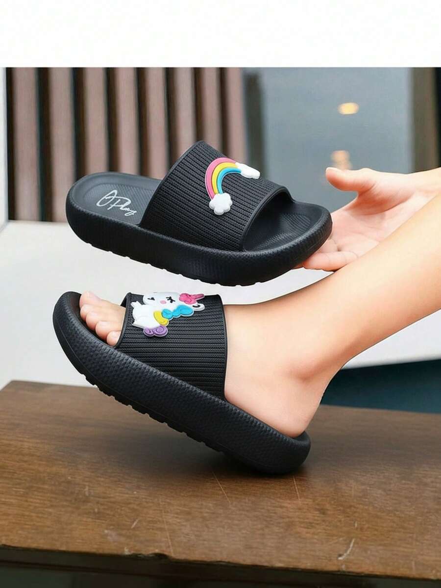 Niña sandalias cómodas decoración unicornio punta abierta plana estilo lindo uso diario hogareño/fiestas zapatillas - Negro - Ver 1