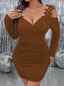 SHEIN Clasi Plus Size Solid Color Minimalist Daily Wear Off-Shoulder Long Sleeve Dress - Yellow - View 1
