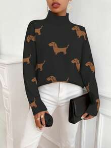 EMERY ROSE 女士休闲日常狗狗图案高领毛衣，秋冬款 - 黑色 - 查看 1