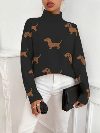 EMERY ROSE Suéter de cuello alto casual y diario con estampado de perro para mujer, otoño/invierno