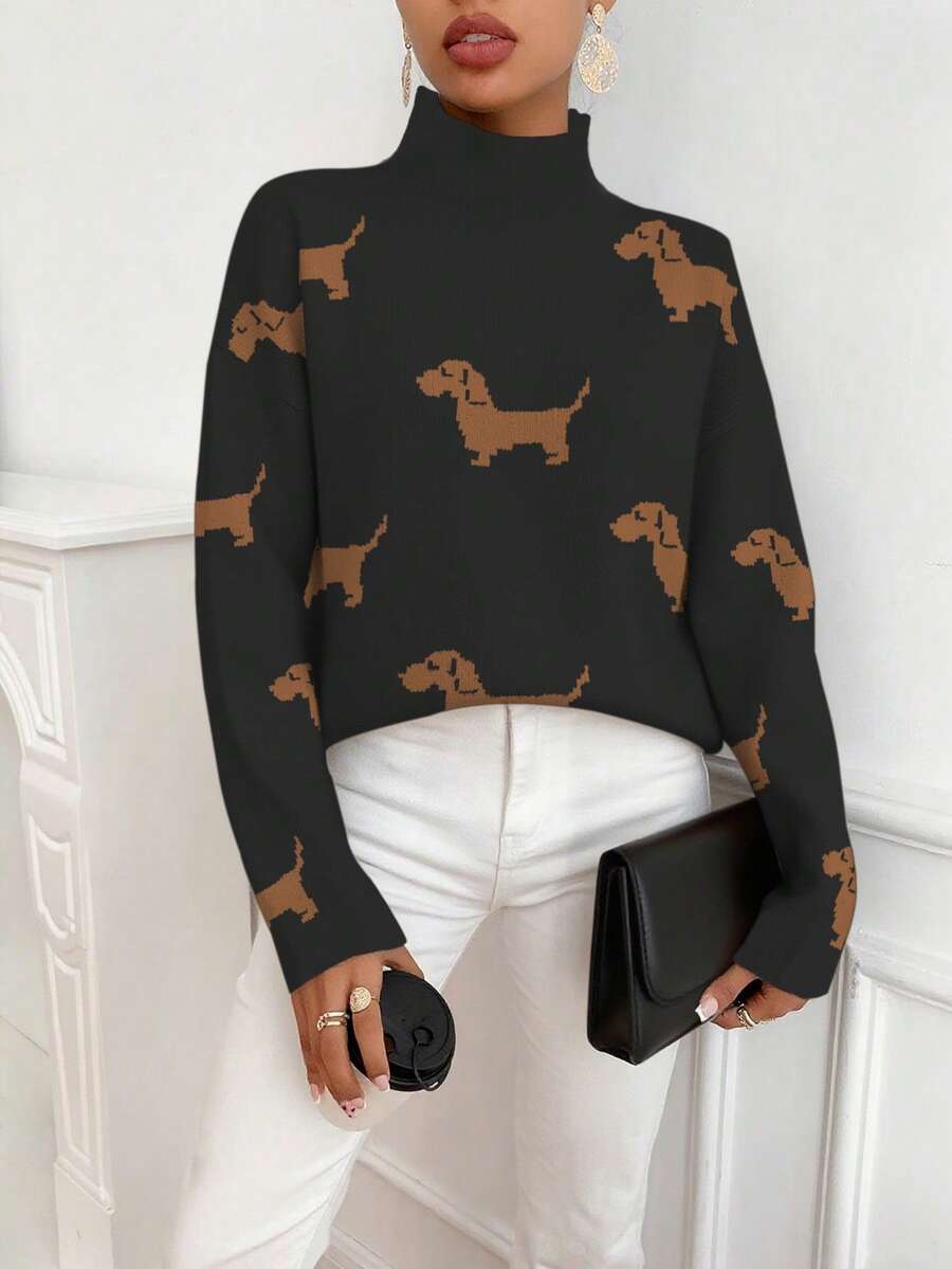EMERY ROSE 女士休闲日常狗狗图案高领毛衣，秋冬款 - 黑色 - 查看 1