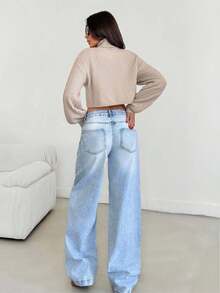 EURMUSE 90 年代风格淡蓝色高腰阔腿牛仔裤 - 中等水洗藍 - 查看 3