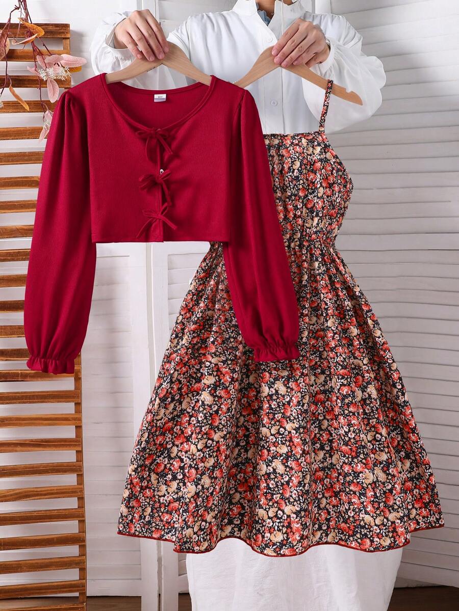 SHEIN Set de 2 piezas: Chaqueta de punto acanalado casual con decoración de lazo y vestido deslizante minimalista estampado, para primavera/otoño - Burdeos - Ver 1