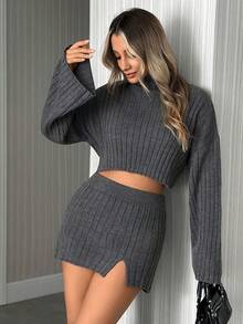 EURMUSE Women High Neck Flare Sleeve Loose Fit Cozy Crop Sweater And Sweater Mini Skirt 2pcs Set Co-Ords Casual - Grey - View 3