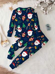 SHEIN Bộ đồ ngủ tay dài cổ tròn ôm vừa vặn cho bé trai, vừa vặn, họa tiết Giáng sinh cổ điển với ông già Noel, cây thông Noel, quà tặng, kẹo, phù hợp cho mùa thu/đông - Nhiều màu - Xem 3