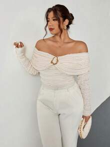 Firerie Plus Size Women Off Shoulder Ruched Fitted Metallic Decor Textured Fabric Long Sleeve Elastic T-Shirt, Elegant Casual For Spring - Apricot - View 8