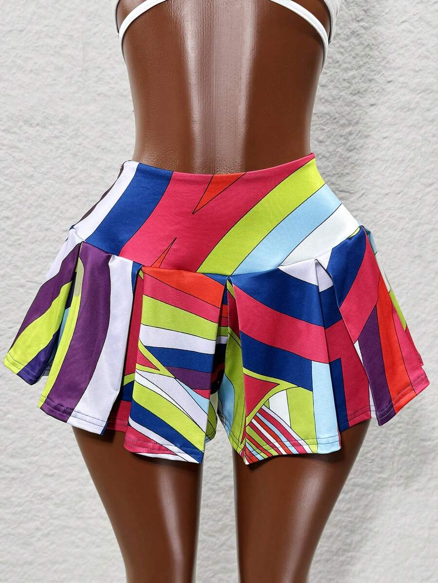 BamGleam 女式夏季休闲街头色块条纹印花褶皱裤裙 - 彩色 - 查看 1