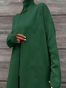 EURMUSE Women's Solid Color Collarless Sleeveless Basic Top, Long Sleeve Maxi Jacket And Long Pants Set - Green - View 7