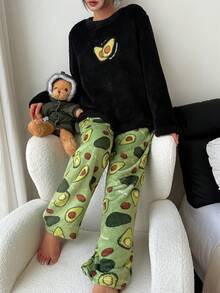 SHEIN Avocado Embroidered Fluffy Sweatshirt And Flannel Printed Pants Women Cozy Pajama Set, Winter Clothes