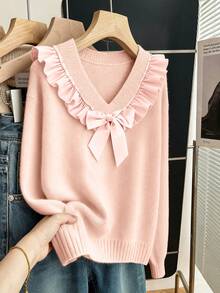 Franclia Women's Casual Elegant Solid Color Ruffle V-Neck Loose Bowknot Long Sleeve Sweater Fall Winter Cloth For WomenWomen's Autumn Clothingautumn Fall Clothes For Women Fall Autumn Clothes Fall Outfits For Women Autumn Outfits For Women Fall Clothes Autumn Women  Fall Women Clothes Autumn Clothing Elegant Fashionable Casual Commuting Business Office Daily Leisure All-Match Temperament Urban Teacher Professional Attire