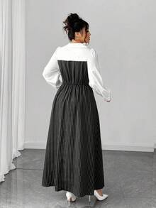 Elenzga 女式优雅修身 V 领长袖条纹拼接 A 字连衣裙，加大码，秋冬 - 黑色 - 查看 2