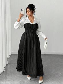 Elenzga 女式优雅修身 V 领长袖条纹拼接 A 字连衣裙，加大码，秋冬 - 黑色 - 查看 4