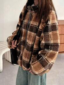 INAWLY New Autumn/Winter Stand Collar Loose Casual Plaid Cardigan - Khaki - View 3
