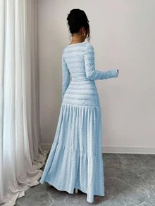 Selianne 女式粉色纹理面料休闲度假风格长袖方领纽扣上衣和超长 A 字裙两件套，秋季 - 藍色 - 查看 2