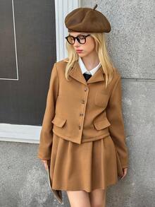 少女西装外套和裙子套装 - 棕色 - 查看 4