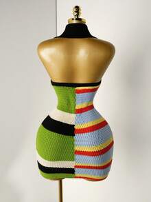 Mistrie Váy dệt kim ngắn không tay cổ bẻ nhiều màu sắc cho nữ - màu đen - Xem 2