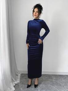 Elenzga Women Elegant Velvet Asymmetric Ruffle Split Hem Dress Burgundy Maxi Women Outfit - Navy Blue - View 3