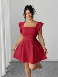 Elenzga 大码纯色方领提花荷叶边优雅连衣裙 - 酒紅色 - 查看 5