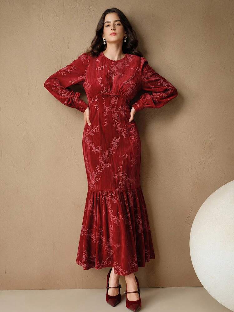 New Elegant Vintage Velvet Jacquard Puff Sleeve Fishtail Dress, Suitable For Fall, Winter, Spring, New Year, Party, Wedding, Elegant, Chic, Stylish, Christmas