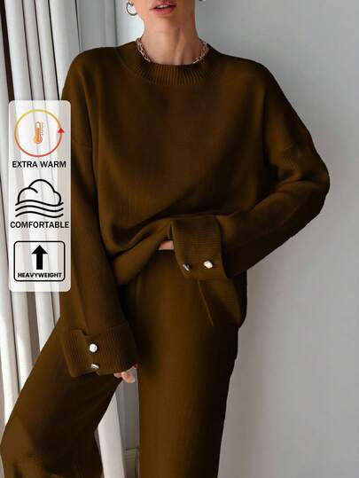 SHEIN Tall Tall Size Women Dark Brown Solid Color Casual Button Detailed Round Neck Sweater Long Length Pant Set Everyday Travel Fall Thanksgiving Lounge