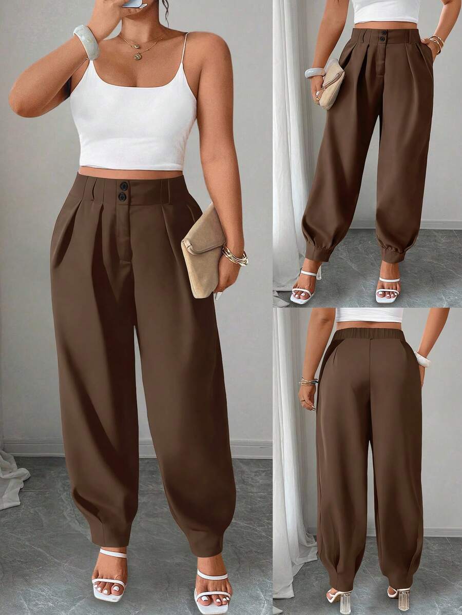 Elenzga 大码女式休闲纯色抽绳裤 - 棕色 - 查看 1