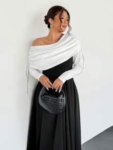 Firerie Plus Size Elegant Sophisticated Romantic Charming Formal Off-Shoulder Ruched Drawstring Waist A-Line Flare Hem Bodycon Long Sleeve Dress, Suitable For Dates, Parties, Balls, And Everyday Wear, New Design For Autumn/Winter - Black and White - View 6