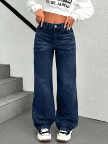 SHEIN Cottnline Low Waist Back Jacron Detailed Wideleg Jean - Dark Wash - View 6