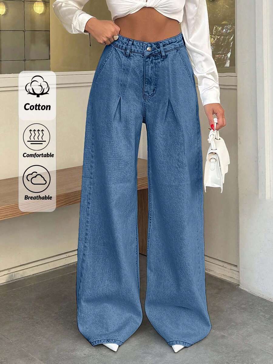 SHEIN Cottnline 100% Cotton HIGH WAIST WIDE LEG VINTAGE JEAN - Blue - View 1