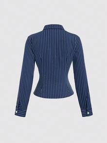 Sweetra 时尚撞色纹理纽扣修身腰部修身条纹领长袖女式衬衫 - 藍色 - 查看 3