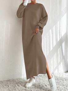 EURMUSE 1pc Drop Shoulder Sweater Dress, Casual Solid Color For Autumn/Winter Daily Wear - Camel - View 5