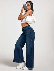 EURMUSE Quần jean ống đứng lưng thấp màu trơn cho nữ - Rửa tối - Xem 4