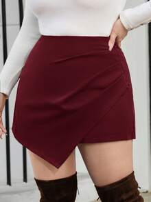 SHEIN Privé Plus Size Women Casual Red Color Shorts Asymmetrical Skirt Maroon Skirt Burgundy Skirt Women Skorts Women Red Skirt Skirts For Women Sexy Skirts For Women - Burgundy - View 6