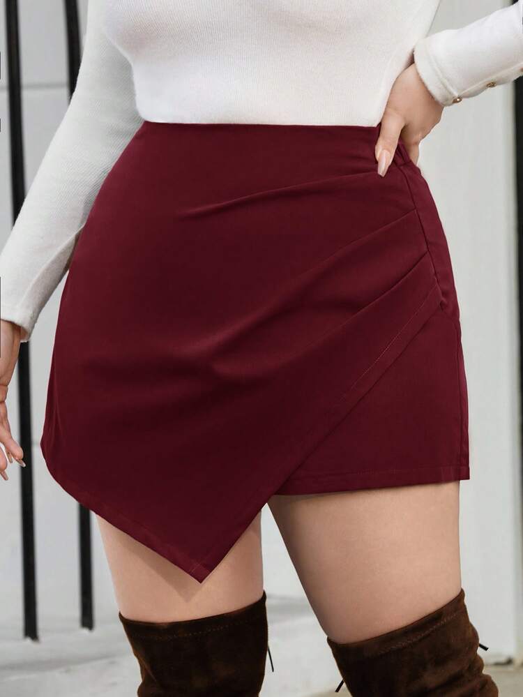 SHEIN Privé 大码女式休闲纯色短裤 - 酒紅色 - 查看 6