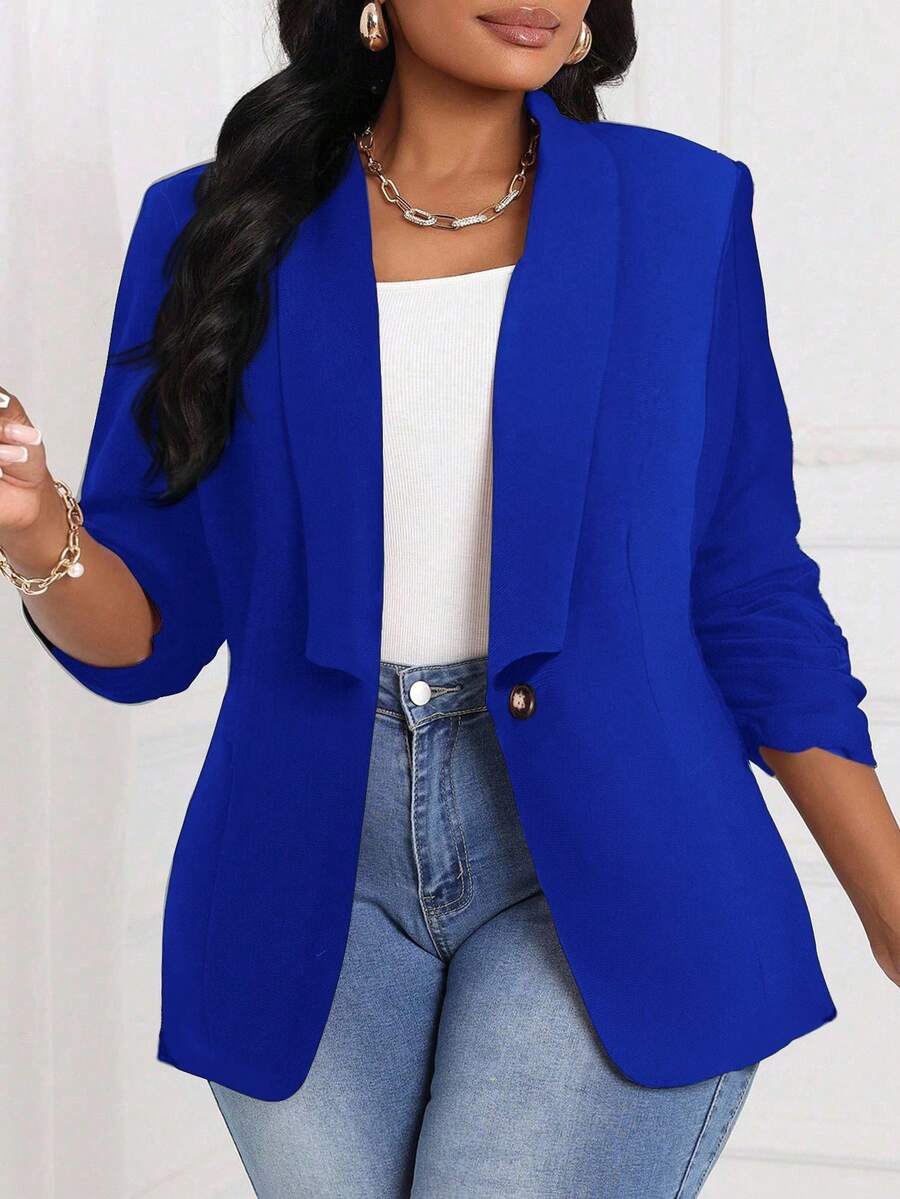 SHEIN Lady Áo khoác len cổ lọ màu đen thanh lịch cho công sở đi làm mùa xuân và mùa hè, tay dài ba phần tư, cỡ lớn, dáng rộng - Xanh đậm - Xem 1