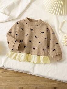 SHEIN Baby Girl Fashionable Embroidered Ruffle Hem Polka Dot Bow Print Sweatshirt Fall Winter