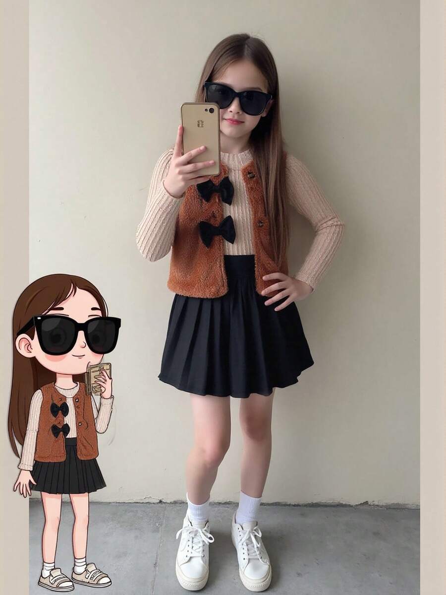 3pcs Girls Outfit: Apricot Ribbed Turtleneck Long Sleeve Top, Black Pleated Skirt, Apricot Fuzzy Vest - Apricot - View 1