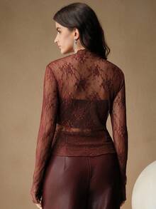 Anewsta Women's Lace See-Through Thumb Hole Elegant Blouse, Suitable For Holiday Party Outfits - Burgundy - View 2