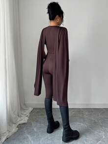 Rafferiza Women's Dark Brown Elegent Party Jumpsuit,Summer Shawl Collar Cape-Style High-Waisted Chic Two-Way Poncho Design Flowing Drape Retro Clothing - Coffee Brown - View 2