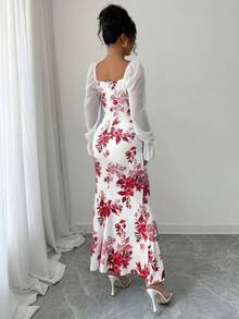 Elenzga 新款女式方领蝴蝶结雪纺泡泡袖设计连衣裙，适合约会、聚会、日常穿着，收腰，修身，优雅，青春，长裙，适合春、夏、秋季 - 紅色 - 查看 2