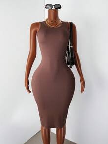 Zolique Solid Rib-Knit Bodycon Dress - Coffee Brown - View 6