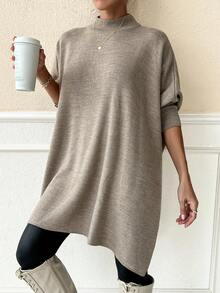 SHEIN Women Solid Color Mock Neck Half Sleeve Oversize Pullover - Beige - View 6