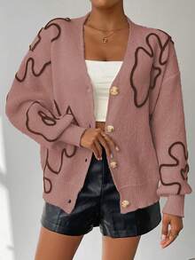 SHEIN LUNE Women's Floral Print Front Button V-Neck Long Sleeve Cardigan - Dusty Pink - View 6