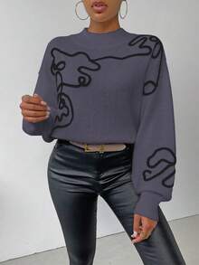 SHEIN LUNE Jersey de cuello alto de manga larga con patrón de color contrastante para mujer - Iron Gray - Ver 5