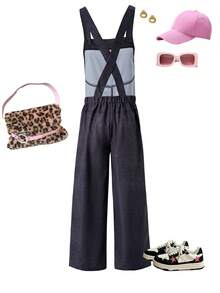 Tween 女童卡通印花黑色休闲连体裤，返校街头风格儿童学院风运动服工装裤，宽松高腰工装裤街头服饰 - 黑色 - 查看 2