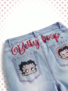 Betty Boop | ROMWE Quần jean bó thêu chữ cổ điển cạp siêu thấp gợi cảm cho nữ - Nhiều màu - Xem 2