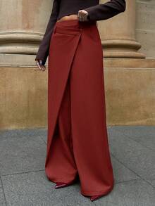 Forever 21 女不对称休闲阔腿裤女士时尚办公室通勤百搭高腰高端不对称阔腿西装裤 - 酒紅色 - 查看 3