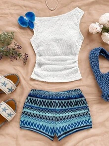 Soleia Plus Size Casual Vacation Western Beach Wedding Guest Attire Graduation Brunch Women's St. Patrick's Day Spring Break Easter Music Festival Elegant Boho Tropical Floral Halter Neck Camisole Top And Colorful Striped Shorts 2-Piece Set